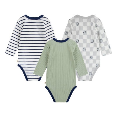 Image of Huggies Baby Boys' 3pk Happy Face Organic Long Sleeve Bodysuit - Gray/White 3M