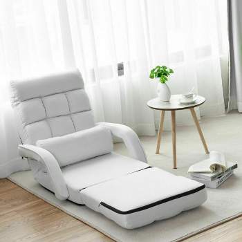 Costway Folding Floor Armchair w/6-position Adjustable Back & Lumbar Pillow White