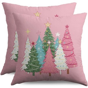 Pink Christmas Pillow Covers 18X18 Set of 2, Colorful Xmas Tree Print Winter - 1 of 4
