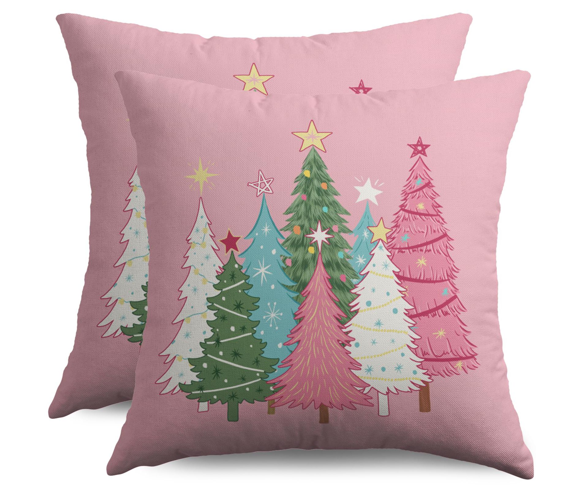 Pink Christmas Pillow Covers 18X18 Set of 2, Colorful Xmas Tree Print Winter