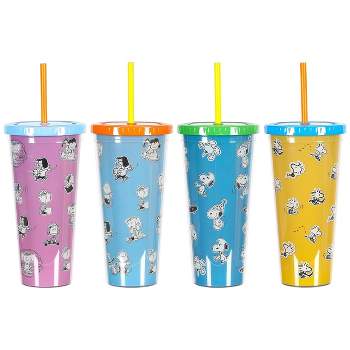 Peanuts 70th Anniversary 4 Piece Plastic 23.6oz Assorted Tumbler Set with Lid and Straw