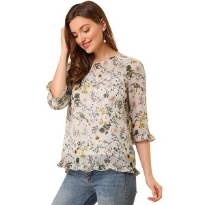 INSPIRE CHIC Women's Round Neck Ruffle 3/4 Sleeve Floral Print Chiffon Blouse - 1 of 4