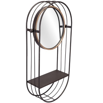 Industrial Elliptical Patinated Gold and Wood Wall Mirror