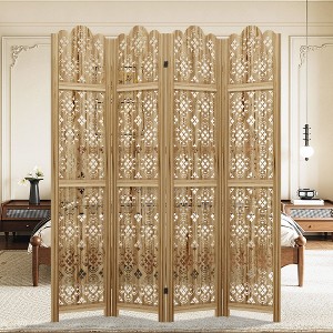 PexFix Carved Room Divider Folding Screen Room Divider with Copper Coin Pattern for Home Office Garden Terrace Paulownia Wood - 1 of 4