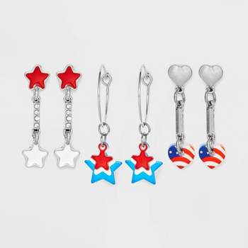 Americana Drop Star and Heart Earring Set 3pc - Red/Silver/Blue