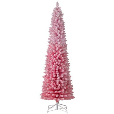 Tangkula Pre-Lit Christmas Tree Slim Pencil Xmas Tree w/ Snow Flocked PVC Branch Tips