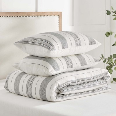 Monroe Stripe Gray and White Cotton King/Cal King Duvet Set