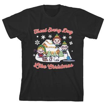 Elf Movie "Treat Every Day Like Christmas" Chibi Style Elves Black Graphic Tee Toddler Boy to Youth Boy