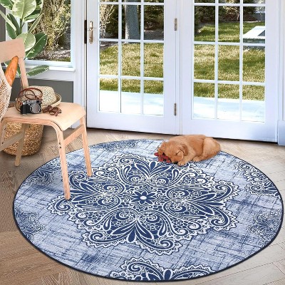 Area Rug Washable Rug Vintage Medallion Distressed Rug Non Slip Large Area Rug Low Pile Bedroom Rug Stain Resistant Living Room Rug