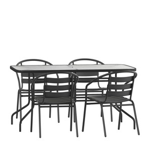 Flash Furniture 5 Piece Outdoor Patio Dining Set - 55" Tempered Glass Patio Table with Umbrella Hole, 4 Black Metal Aluminum Slat Stack Chairs - 1 of 4