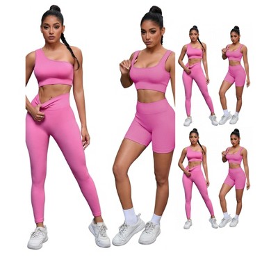 INSPIRE CHIC Women's 6 Sets Exercise Outfits Scoop Neck One Shoulder High Waist Gyms Body Shapers Workout Set