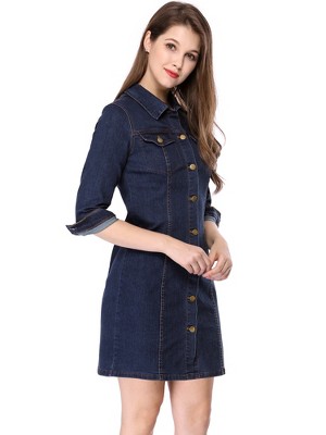 INSPIRE CHIC Women's 3/4 Sleeve Button Down Denim Shirt Dress