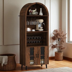 71" Farmhouse Arched Bar Cabinet, Tall Wine Liquor Bar with Wine Rack & Glass Holder, Coffee Bar Storage Cabinet for Living Room Dining Room - 1 of 4