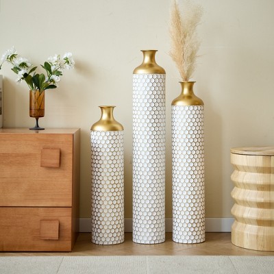 Gilded White Metal Vase Trio Set, 3D Floral Relief Cylinder Vases, Mother's Day Gift Home Décor Centerpiece