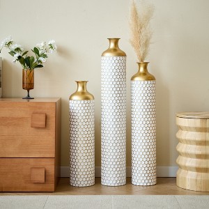Gilded White Metal Vase Trio Set, 3D Floral Relief Cylinder Vases, Mother's Day Gift Home Décor Centerpiece - 1 of 4