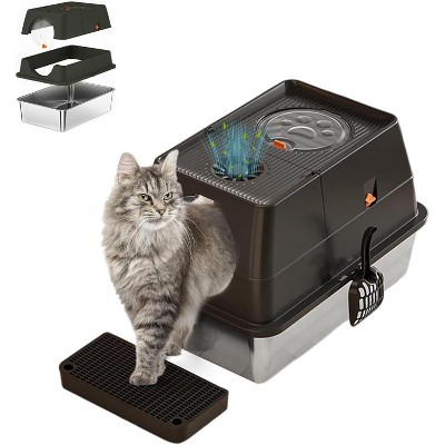 Large Stainless Steel Enclosed Cat Litter Box with Lid, Metal Kitty Litter Box with Flip Cover, Removable Top and Litter Scooper