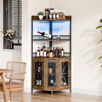 Industrial Corner Bar Cabinet with LED Lights & Power Outlet, 5-Tier Adjustable Shelf Liquor Storage Unit for Small Spaces