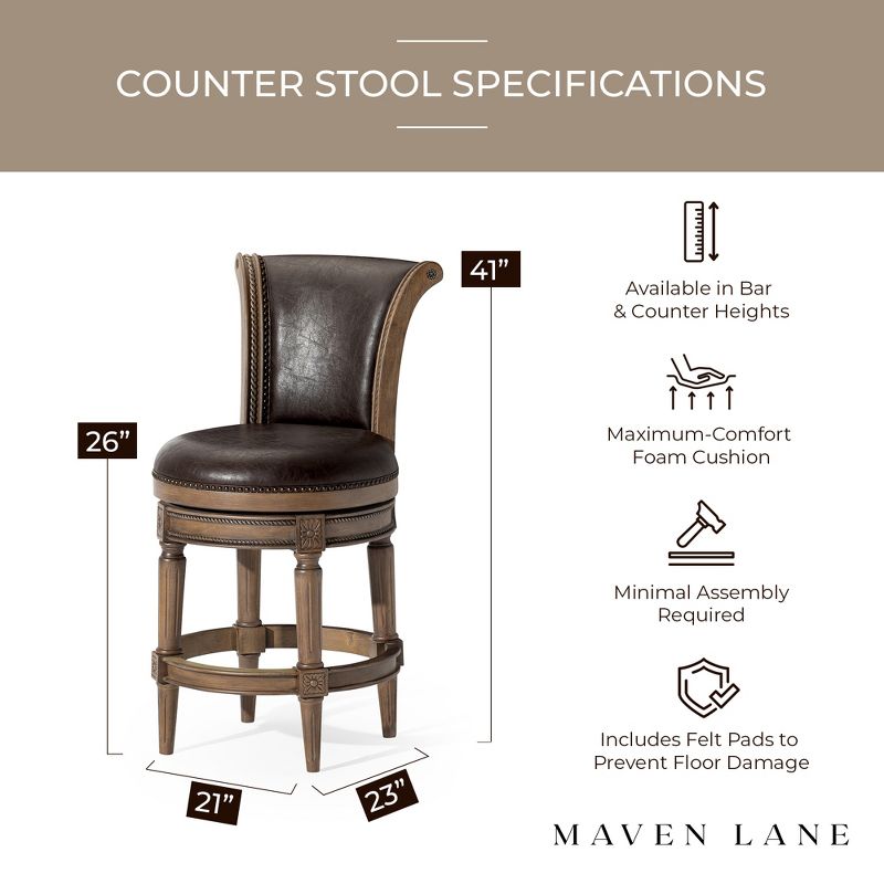 Maven Lane Pullman Upholstered Kitchen Stool with Vegan Leather Cushion Seat, Set of 2, 6 of 8