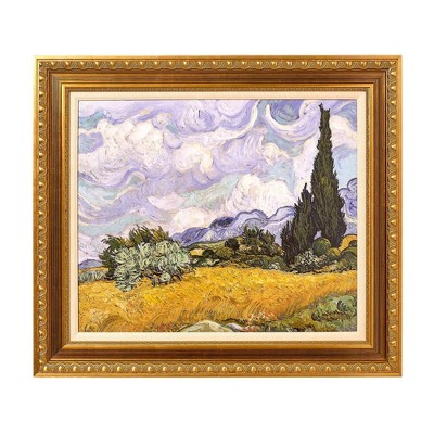 Golden Ornate Framed Wheat Field with Cypresses Canvas Print