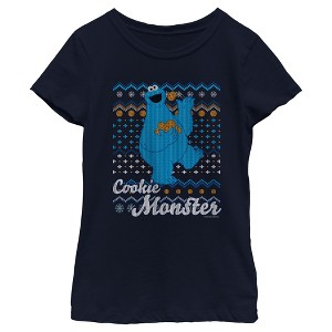 Girl's Sesame Street Cookie Monster Ugly Christmas Sweater Print T-Shirt - 1 of 4