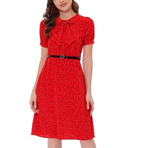 INSPIRE CHIC Women's Peter Pan Collar Tie Neck Short Sleeve A-Line Elegant Belted Floral Dress - 1 of 4