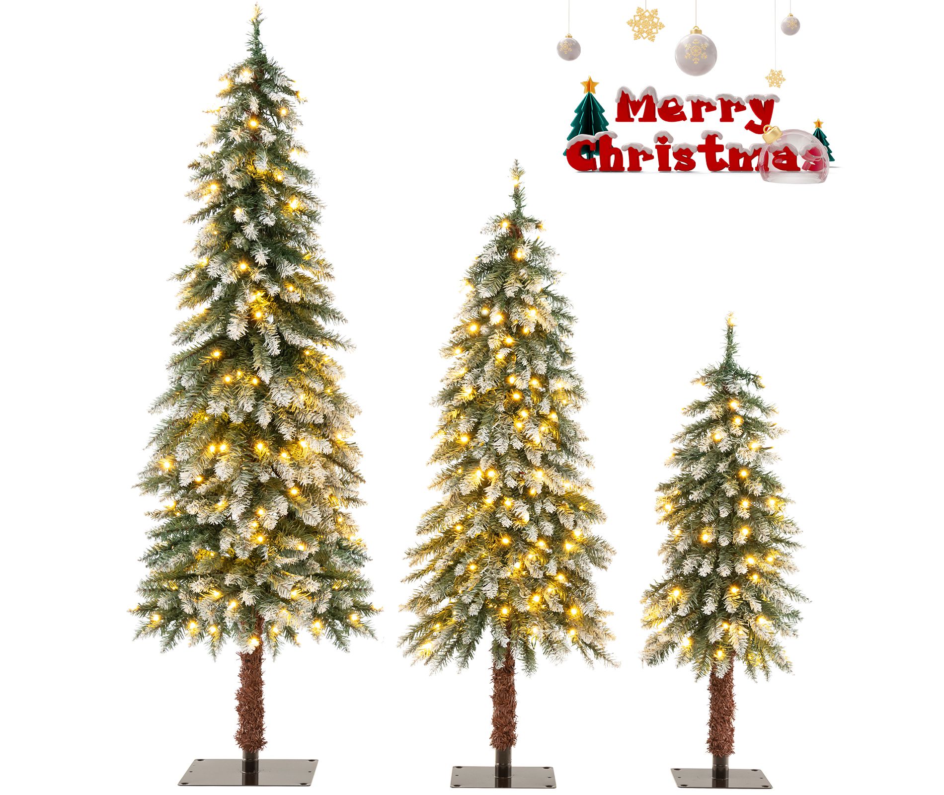 Costway Pre-Lit Christmas Tree Set of 3 Slim Artificial Lighted Xmas Decoration 3/4/5 FT