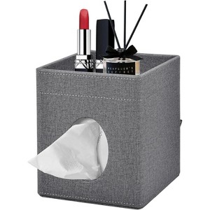 PU Leather Tissue Box Cover with Storage Tray, Square Decorative Organizer for Bathroom Vanity and Office - 1 of 4