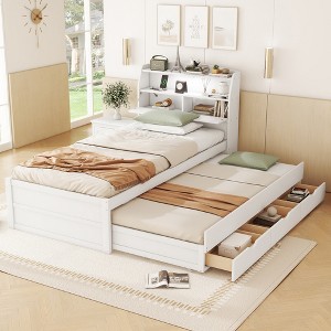 Twin/Full Wooden Platform Bed with Trundle and 3 Drawers , Wooden Bedframe with Headboard Storage and USB & LED Light, Brown - 1 of 4