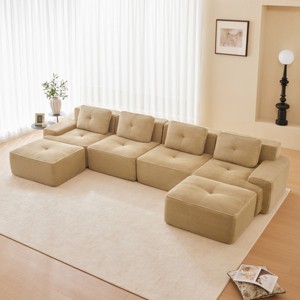 153" Modern U-Shaped Sectional Sofa with Corduroy Fabric , Modular Sectional Sofa with Movable Ottoman, 4-Seater Living Room Sofa-Koiai - 1 of 4
