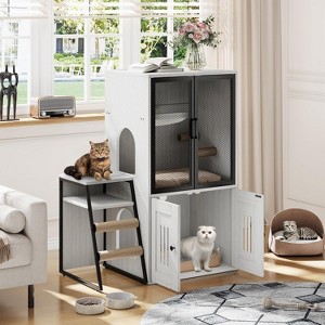 Cat Litter Box Enclosure Furniture with Hammock and Scratching Posts,Wooden Double Hidden Litter Box with Ladder Rack - 1 of 4