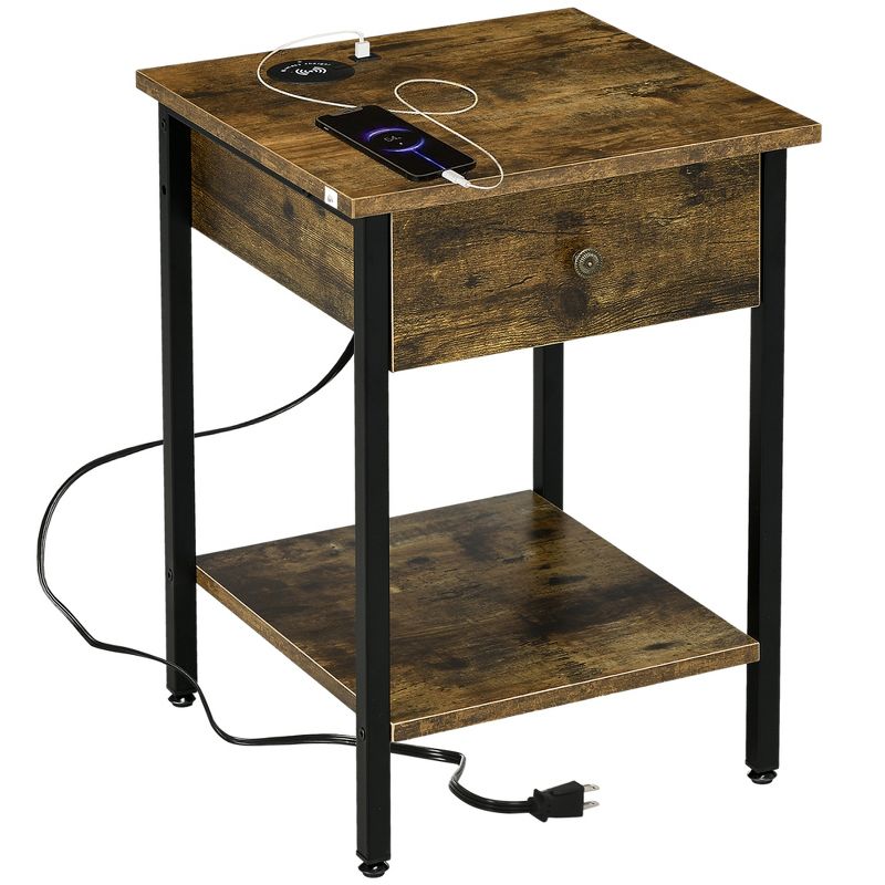 HOMCOM 2-Tier End Table with Wireless Charging Station and 2 USB Ports, Small Side Table with Drawer, Rustic Brown, 1 of 7