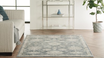Slate Blue Floral Medallion 26" Hand-Knotted Easy-Care Rug