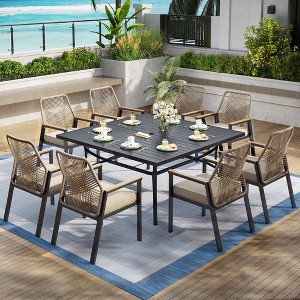Captiva Designs 9pc Patio Dining Set with Spacious Slat-top Square Metal Table & Beige Rattan Chairs - 1 of 4