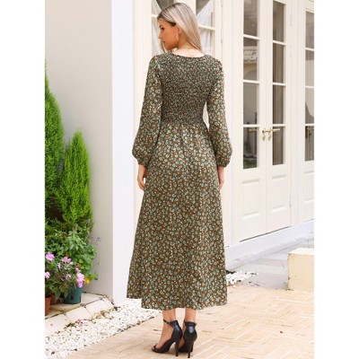 Женские платья INSPIRE CHIC Women's Floral Smocked Long Puff Sleeve A-Line Summer Boho Maxi Dresses Brown X-Large — фото 3