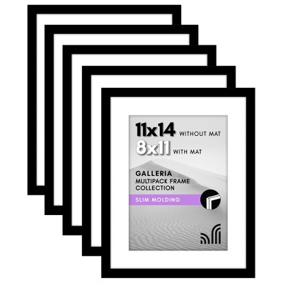 Americanflat 11x14 Picture Frame  - Set of 5 - Use as 8x11 Frame with Mat or Display 11x14 Photo Without Mat - Picture Frames for Wall Display - Black
