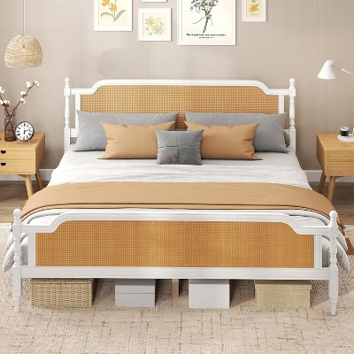 NicBex All Size Natural Wooden Bed Frame with Rattan Headboard & Footboard,Pine Wood Platform Bed,No Box Spring Needed