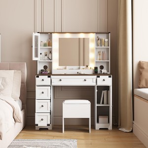 Makeup Vanity with Mirror & Lights, 3 Lighting Modes, Cushioned Stool, Charging Station, 6 Drawers & 2 Cabinets ¨C White Farmhouse Dressing Table - 1 of 4