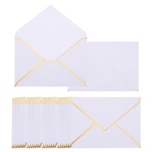 Unique Bargains Office Invitations Graduation Parties Card Gold Border V Flap Envelopes White - 1 of 4