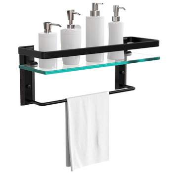 Vdomus 15.2" x 4.5 " Tempered Glass Bathroom Shelf with Towel bar Wall Mounted Shower Storage, Black