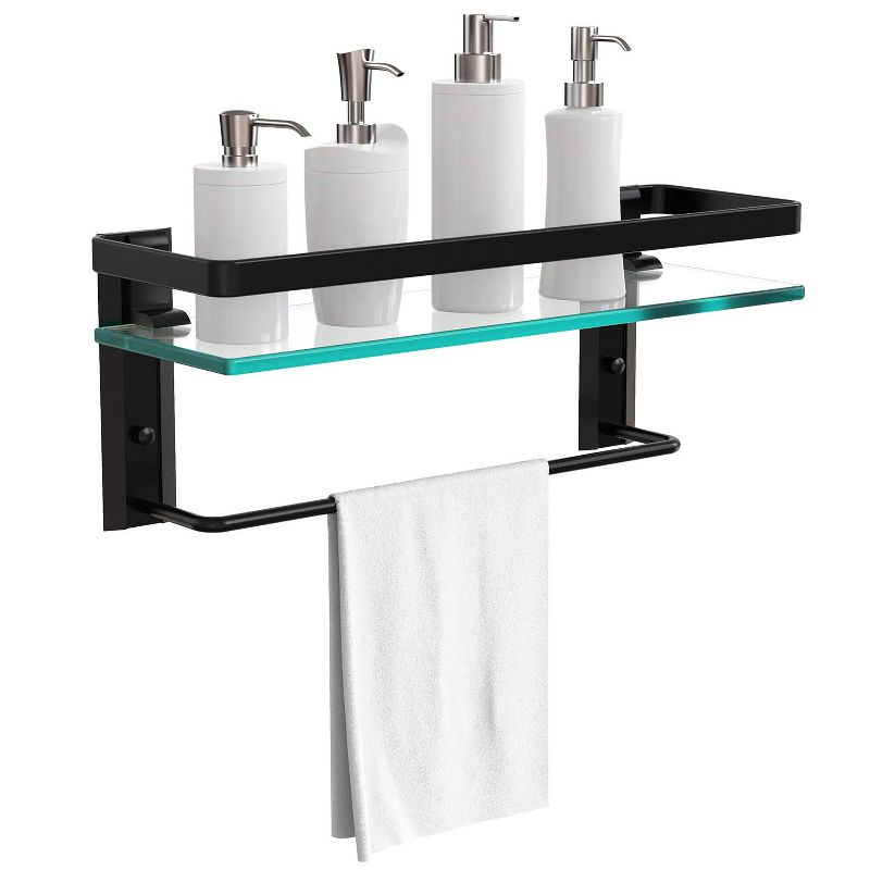 Vdomus 15.2" x 4.5 " Tempered Glass Bathroom Shelf with Towel bar Wall Mounted Shower Storage, Black, 1 of 7