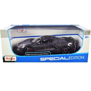2020 Chevrolet Corvette Stingray C8 Dark Gray Metallic with Racing Stripes 1/18 Diecast Model Car by Maisto - 1 of 4