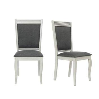 LuxenHome Set of 2 Distressed Off White Rubberwood and Gray Upholstered Dining Chair