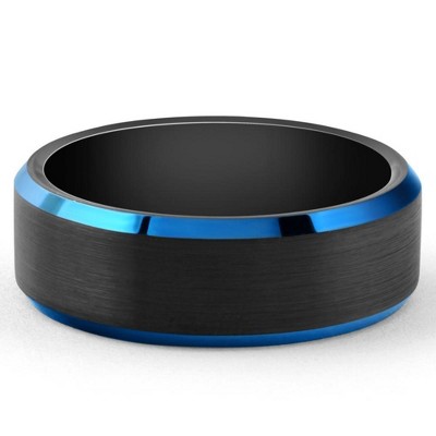 Pompeii3 Men's Brushed Black Tungsten Ring Blue Polished Beveled Edge 8mm Wedding Band