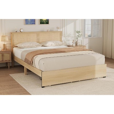 homfan Platform Bed Frame with Natural Rattan Headboard, Cane Bed Frame with 2 Storage Drawers