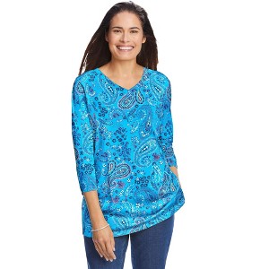Woman Within Plus Size Perfect Printed Three-Quarter Sleeve V-Neck Tee - 1 of 4