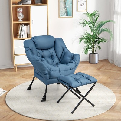 Navy Blue Polyester Accent Chair with Foldable Footrest