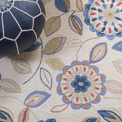 Ivory and Blue Floral Hand-Hooked Wool Circle Area Rug