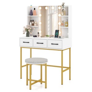 Costway Vanity Desk with Mirror Lights Power Outlets 4 Open Shelves 3 Storage Drawers - 1 of 4
