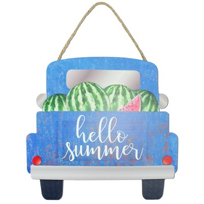 AuldHome Design Hello Summer Door Sign, Rustic Wall Decor Rustic Farmhouse Sign; Pickup Truck Shaped 3D Sign
