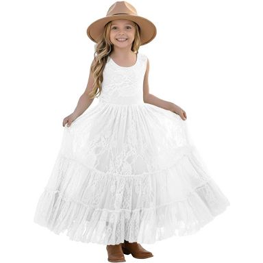 2Bunnies Girls' 3T-12yr Rose Lace All-Over Lace Zip Back Boho Garden Rustic Flower Girl Dress 9-10 Years / White